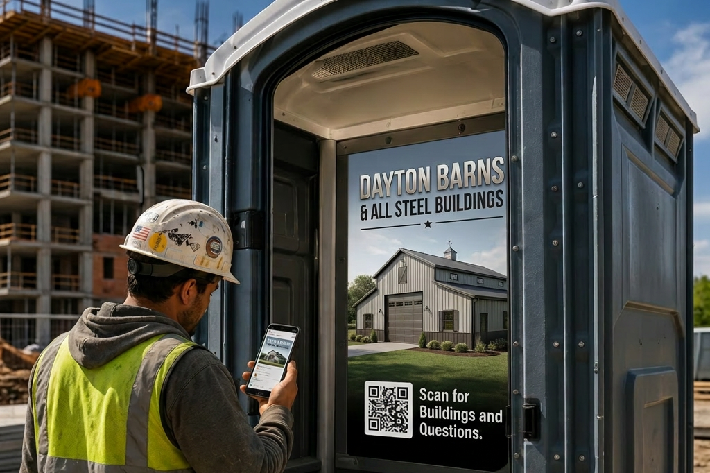Dayton Barns & All Steel Buildings advertisement inside a portable restroom unit on a job site.
