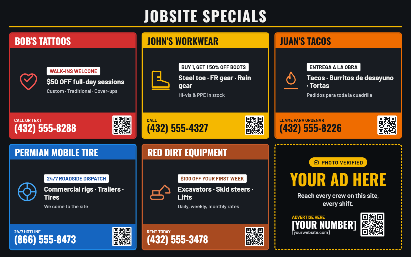 Sample Jobsite Specials decal split into six local business spots, each with an offer, phone number and QR code.