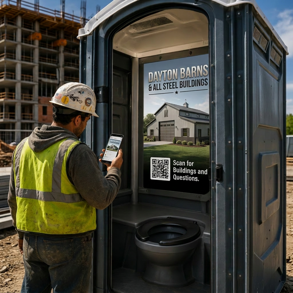 Dayton Barns & All Steel Buildings advertisement inside a portable restroom unit on a job site.