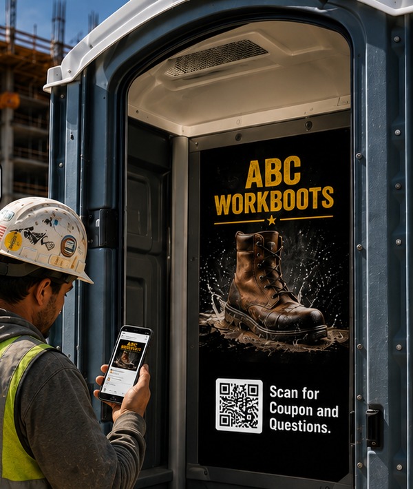 Worker scanning a BitBoard ad with QR code inside a portable restroom on a jobsite.